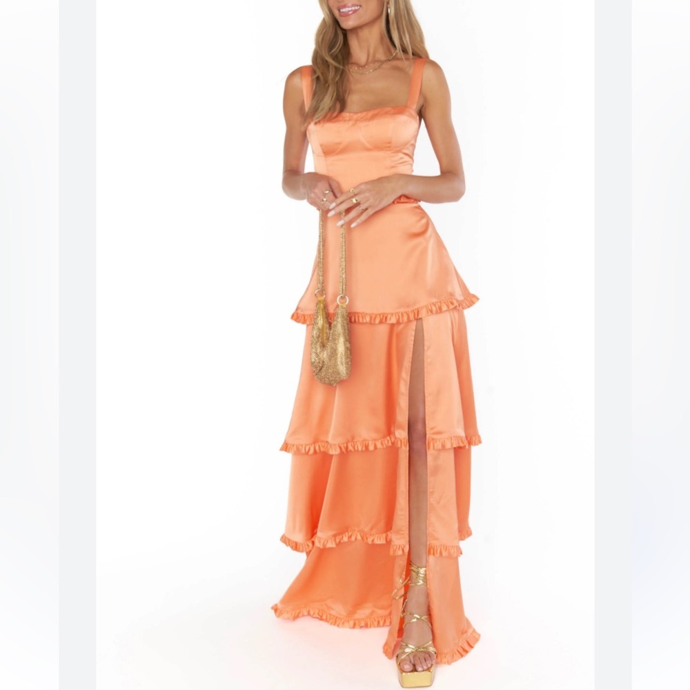 Show Me Your MuMu Peach Satin Tiered Ruffle Maxi Dress